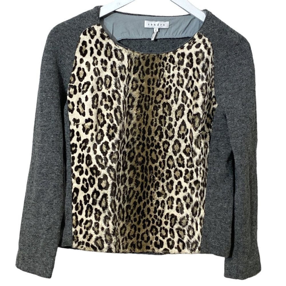 SANDRO Leopard Sweater Size 2 (XS) Faux Fur Front Gray Tweed Wool Blend